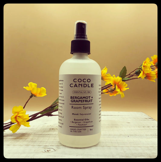 Bergamot + Grapefruit: Our room sprays are the perfect addition to your Coco Candle collection.  They are handcrafted with a 100% natural, organic, wild harvested and botanically derived base that never contains any sulfates, phthalates, Parabens or other harsh ingredients.  Just shake and spray to use!