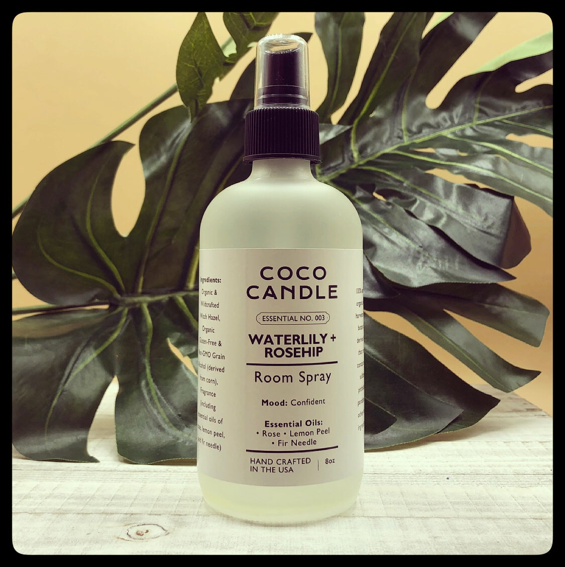 Waterlily + Rosehip:  Our room sprays are the perfect addition to your Coco Candle collection.  They are handcrafted with a 100% natural, organic, wild harvested and botanically derived base that never contains any sulfates, phthalates, Parabens or other harsh ingredients.  Just shake and spray to use!