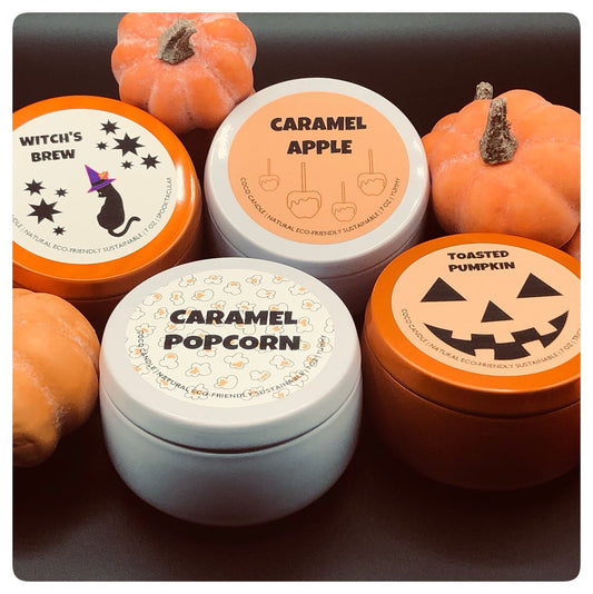 Coco candle released new Halloween Scents: caramel apple, toasted pumpkin, caramel popcorn, witch's brew.  Handcrafted with coconut wax and a wooden wick that crackles.